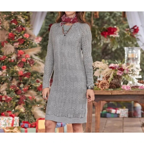 SUNDANCE Leah Mae Sweater Dress Size M Pointelle Knit Gray Long Sleeve - Picture 1 of 11
